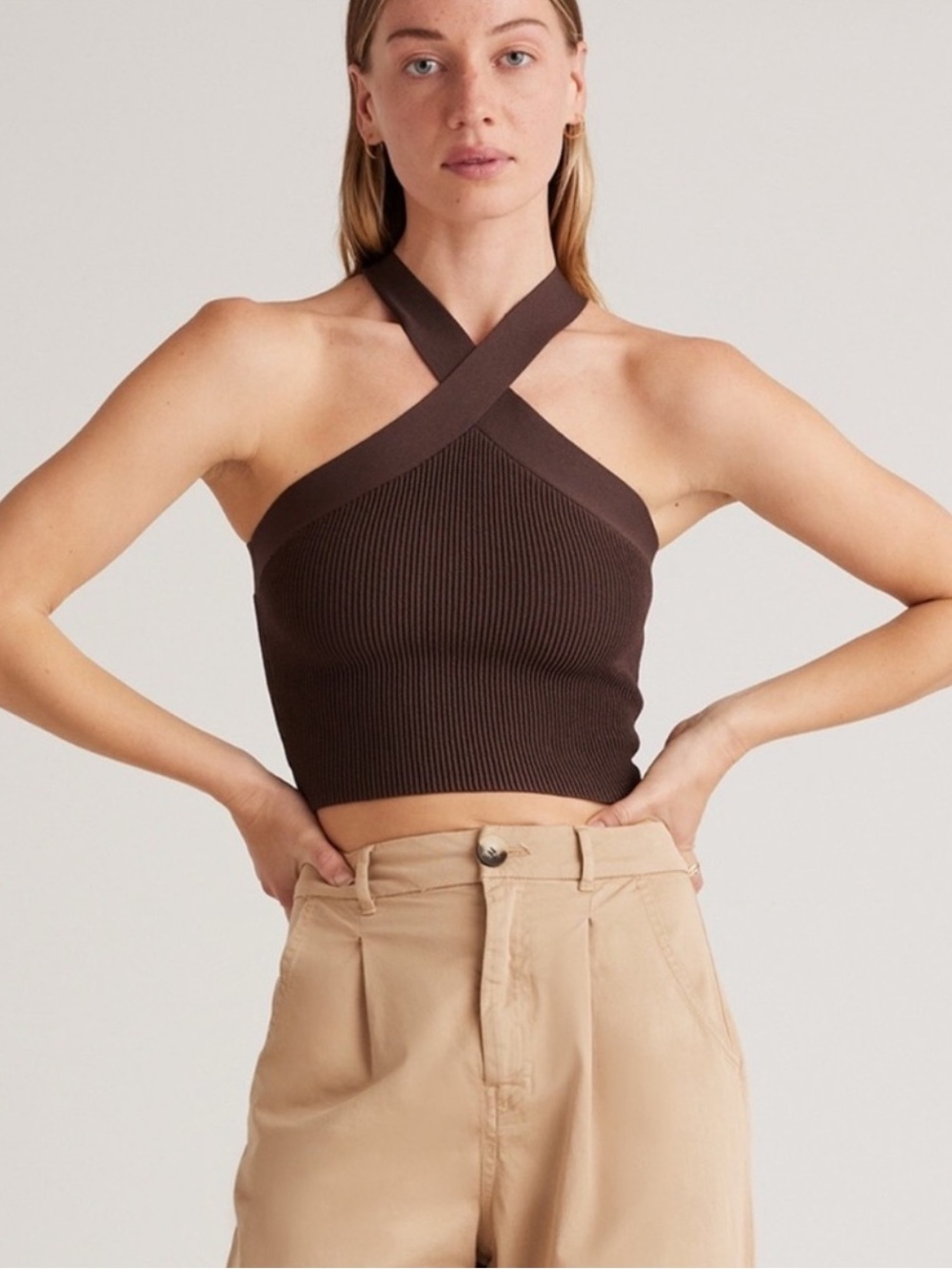 Cropped Cross-Neck Ribbed Tank Top - Brown